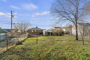 Fenced backyard featuring a residential view