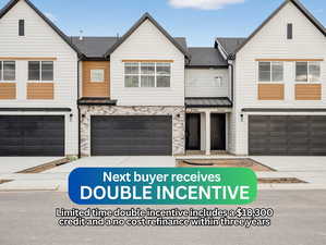 Modern farmhouse with a shingled roof, a standing seam roof, concrete driveway, a metal roof, and stone siding