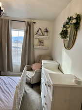 Carpeted bedroom with a textured ceiling and a mountain view