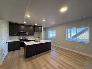 Kitchen with stainless steel appliances, recessed lighting, light wood-style flooring, an island with sink, and dark brown cabinets