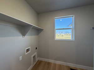 Laundry room with light wood finished floors, electric dryer hookup, and washer hookup