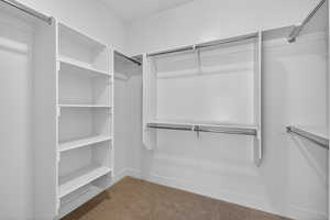 Walk in closet featuring light colored carpet