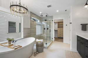Bathroom featuring vanity, a soaking tub, a shower stall, a walk in closet, and recessed lighting