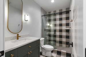 Bathroom with vanity, a stall shower, and recessed lighting