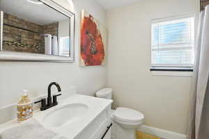 Full bathroom with vanity and a shower with curtain