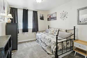 Bedroom with carpet floors and baseboards