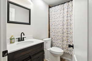 Bathroom featuring vanity and a shower with shower curtain