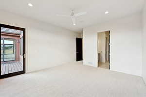 Spare room featuring recessed lighting, carpet flooring, and ceiling fan