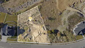 Aerial view of property and surrounding area with property boundaries highlighted