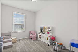 Rec room with light carpet and baseboards