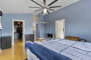 Bedroom featuring lofted ceiling, a walk in closet, wood finished floors, and a ceiling fan