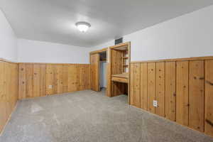 Additional living space with wood walls, light carpet, and a wainscoted wall