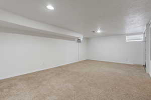 Below grade area with light colored carpet, a textured ceiling, and wood walls