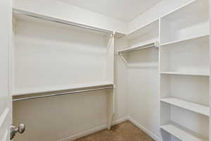 Walk in closet with light carpet