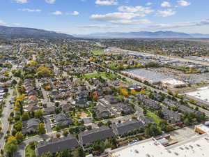 Aerial view of residential area featuring mountains