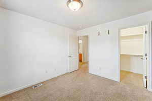 Unfurnished bedroom featuring light carpet and a spacious closet
