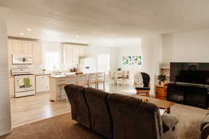 Living area with light carpet and recessed lighting