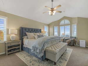 Master bedroom featuring lofted ceiling, a ceiling fan and large windows with valley views
