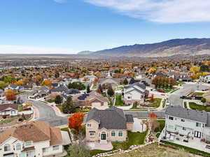 Aerial view of residential area with a mountain backdrop