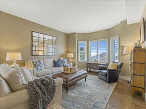Living room featuring wood finished floors and large windows with plantation shutters