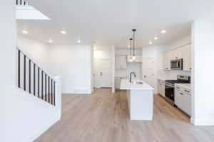 Kitchen featuring stainless steel appliances, a center island with sink, light wood-style flooring, decorative backsplash, and white cabinets