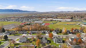 Aerial view of residential area with Sky View High School