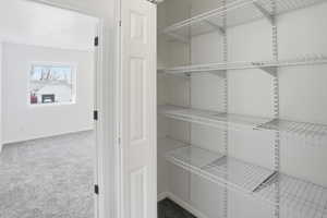 View of storage closet in hallway by primary bedroom