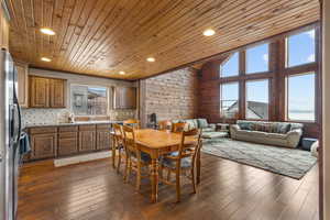 Dining area featuring wooden ceiling, plenty of natural light, recessed lighting, dark wood-type flooring, and wood walls
