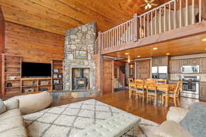 Living room with a wood stove, high vaulted ceiling, wood finished floors, ceiling fan, and wood ceiling