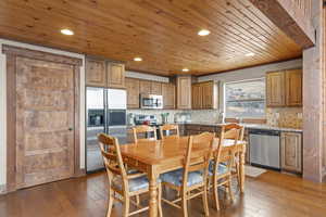 Kitchen with recessed lighting, appliances with stainless steel finishes, brown cabinets, dark wood-type flooring, and decorative backsplash