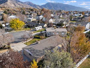 Aerial perspective of suburban area with mountains
