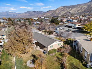 Aerial perspective of suburban area with mountains