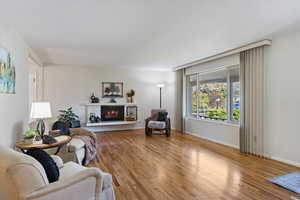 Living room featuring a lit fireplace and light wood-style floors