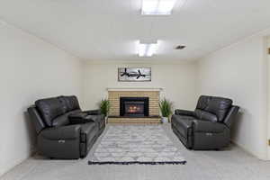 Large basement family room with fireplace