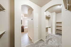 Walk in closet featuring arched walkways and light colored carpet
