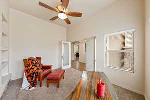 Living area with a ceiling fan, high vaulted ceiling, french doors, and carpet floors