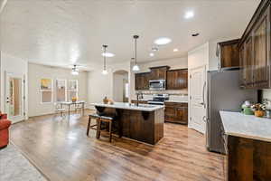 Kitchen featuring tasteful backsplash, dark brown cabinetry, a textured ceiling, decorative light fixtures, and a ceiling fan