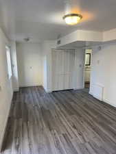 Downstaris family room featuring a textured ceiling, wood finished floors, and utility closet