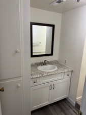 Bathroom with dark wood-style flooring and vanity