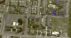 Aerial photo showing proximity to church and parks