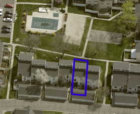 Aerial photo showing proximity to pool, playground and basketball court