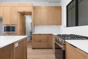 Kitchen with stainless steel appliances, light wood-style flooring, and light stone countertops