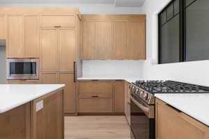 Kitchen with stainless steel appliances, light wood finished floors, and light stone counters