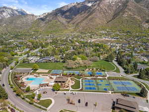 Aerial overview of Pepperwood amenities location with a pool and mountains