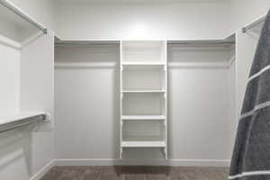 Walk in closet with dark colored carpet