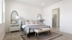 Bedroom featuring light colored carpet and recessed lighting