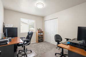 Office area featuring light colored carpet
