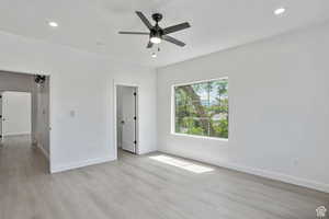 Unfurnished bedroom featuring recessed lighting, light wood-style floors, and ceiling fan