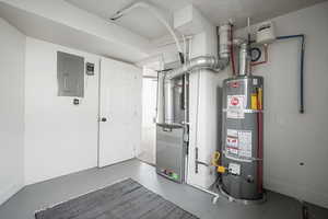 Utilities with strapped water heater, electric panel, and heating unit