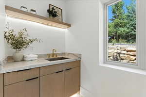 Bar featuring light brown cabinets, light stone counters, and modern cabinets